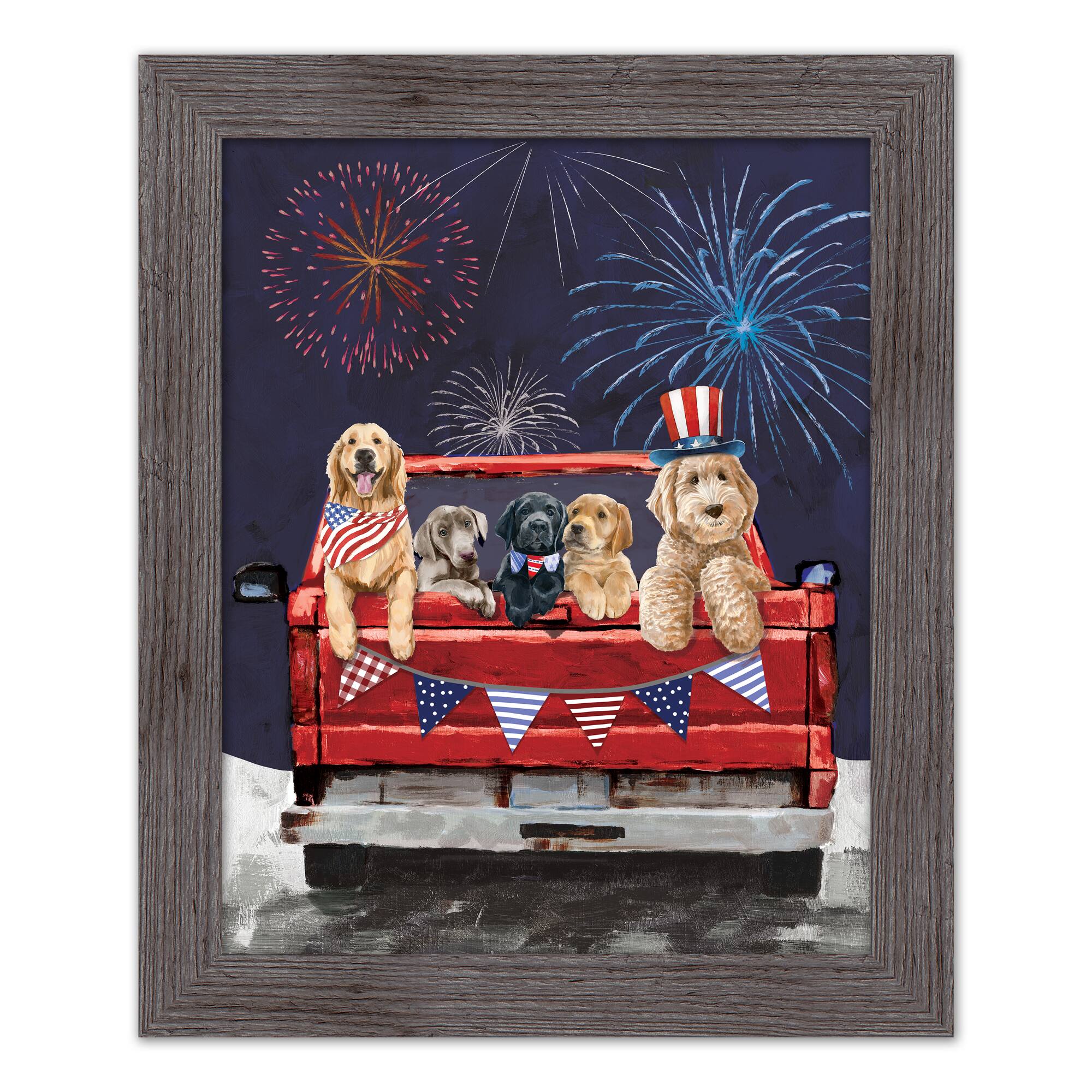 Patriotic Truck Pups Western Framed Print